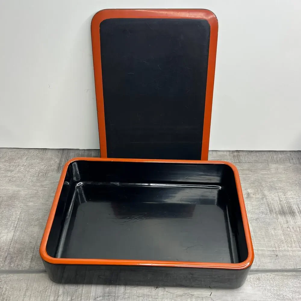 Vintage Asian Red Black Laquer Sushi Bamboo Plate Bento Box Set